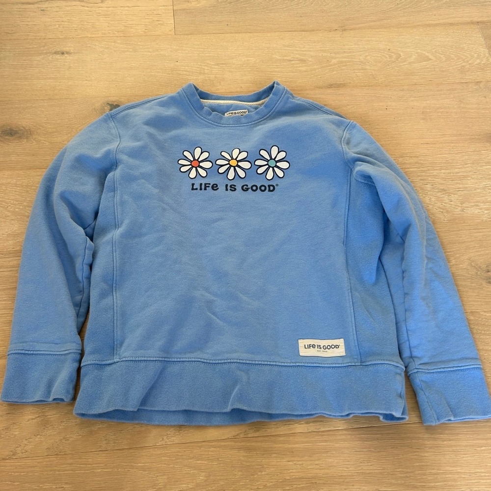Life is Good Womens Blue Daisy Flower Graphic Crewneck Sweatshirt Medium